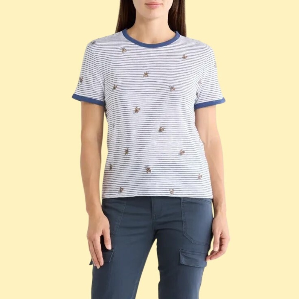 Lucky Brand XL French Bulldog Embroidered Striped cotton T-Shirt Navy White